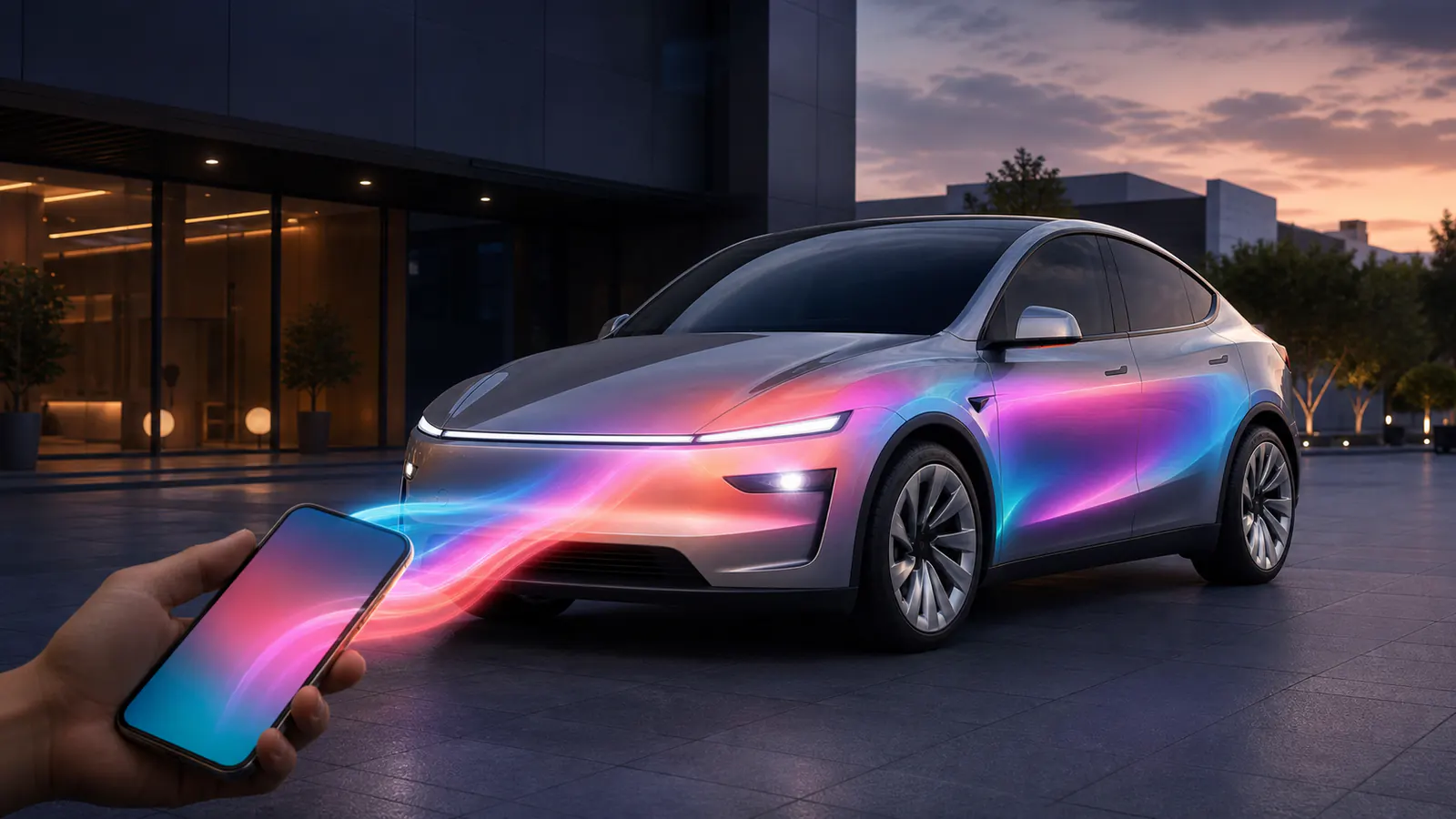 Model Y beside a phone upload concept
