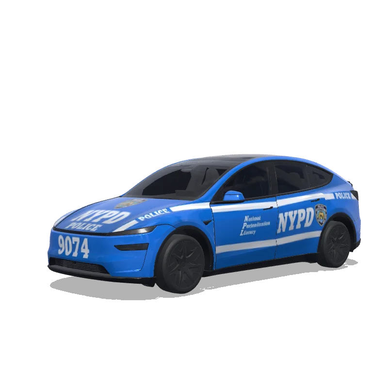 Tesla Model Y L 2025+ — NYPD警车车衣。主题色使用#009DFF,只修改蓝色条纹的颜色和NYPD字母的色号。其他颜色和logo不修改。 wrap preview