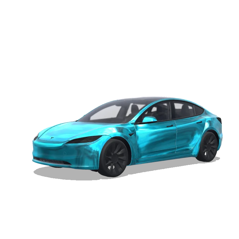 Tesla Model 3 (2024+) Standard & Premium — chrome looking wrap. Colors: cyan. 랩 미리보기