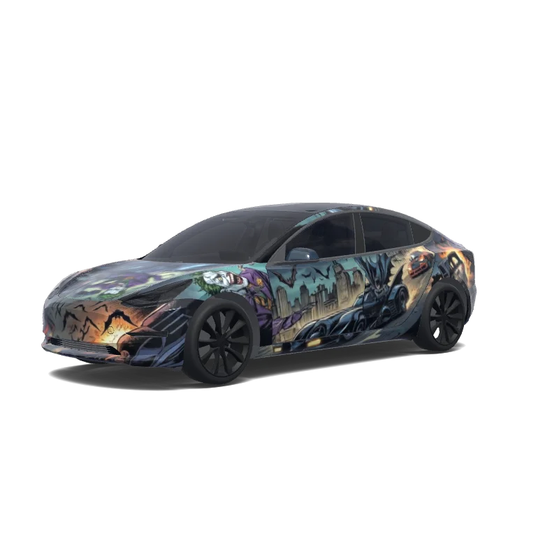 Tesla Model 3 2017-2023 — Wrap-Vorschau: Batman y joker en el batmóvil , con murciélagos y coche de carreras.