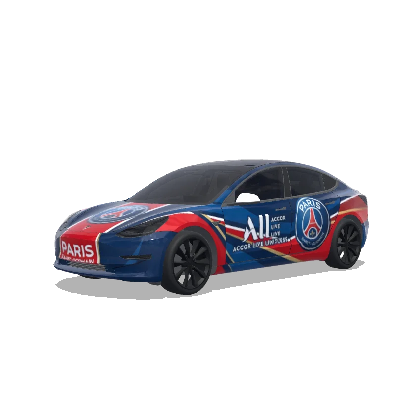 Tesla Model 3 2017-2023 — Une voiture du PSG qui ressemble au bus du PSG wrap preview