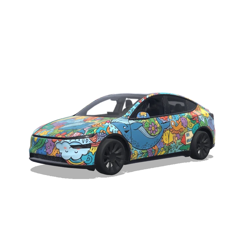 Tesla Model Y (2025+) Premium — 쌤바이펜이 그린 그림들을 이쁘게 조합해서 디자인해줘 wrap preview