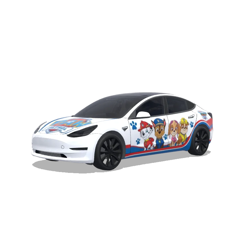 Tesla Model 3 2017-2023 — Wrap-Vorschau: paw patrol on white car, Badge on car hood, style Concise