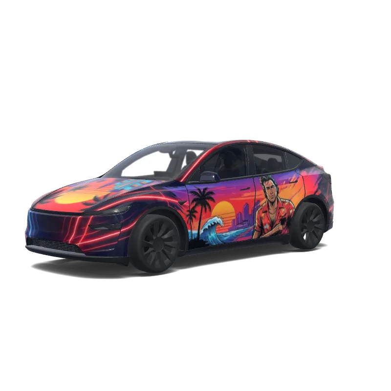 Tesla Model Y (2025+) Premium — Wrap-Vorschau: miami vice with a GTA style hood design. Colors: red, blue.