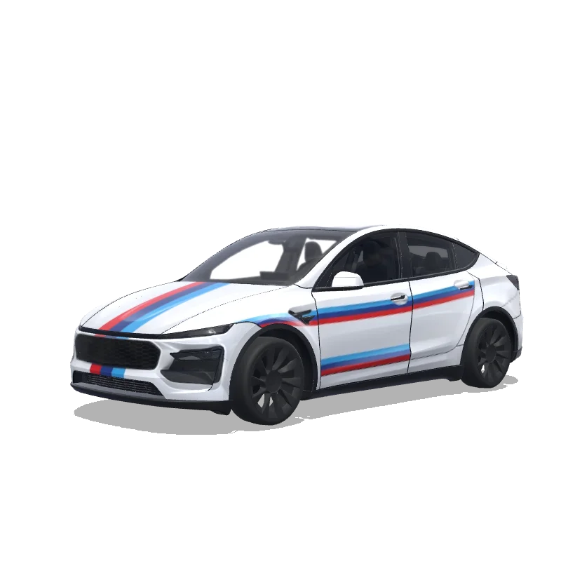 Tesla Model Y (2025+) Premium — aperçu du wrap 白色宝马5系皮肤,要求有三色运动横条纹,中网是大进气格栅(m4那种),尾部大排气管