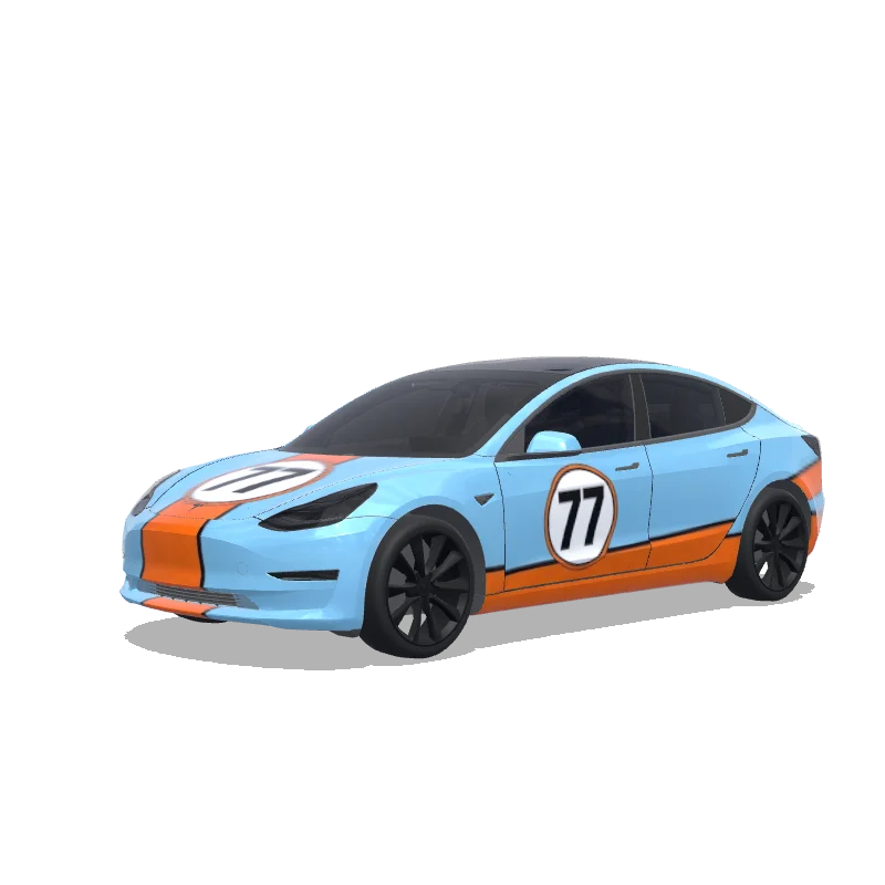 Tesla Model 3 2017-2023 — Wrap-Vorschau: Gulf racing with number 77 decal on doors and hood