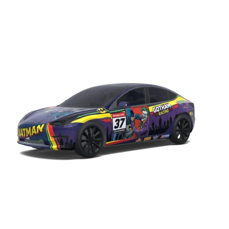 Tesla Model 3 2017-2023 — vista previa del diseño Batman y joker peleando , coche de carreras.
