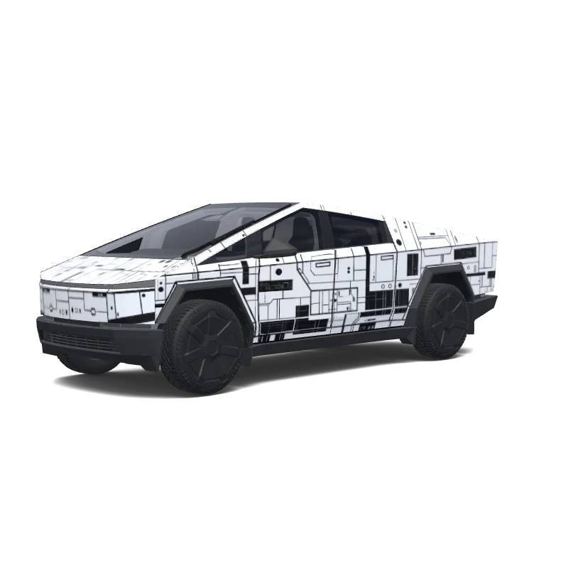 Tesla Cybertruck 2024+ — Wrap-Vorschau: Death star. Colors: white, black.