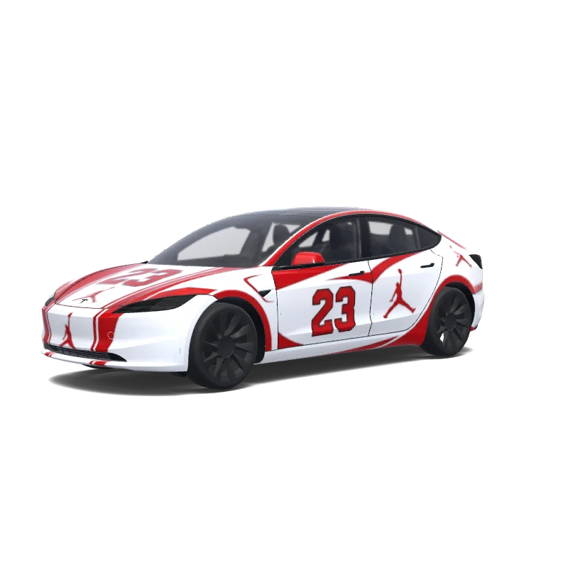 Tesla Model 3 (2024+) Standard & Premium — Jordan 23 white car. Colors: white, red. wrap preview