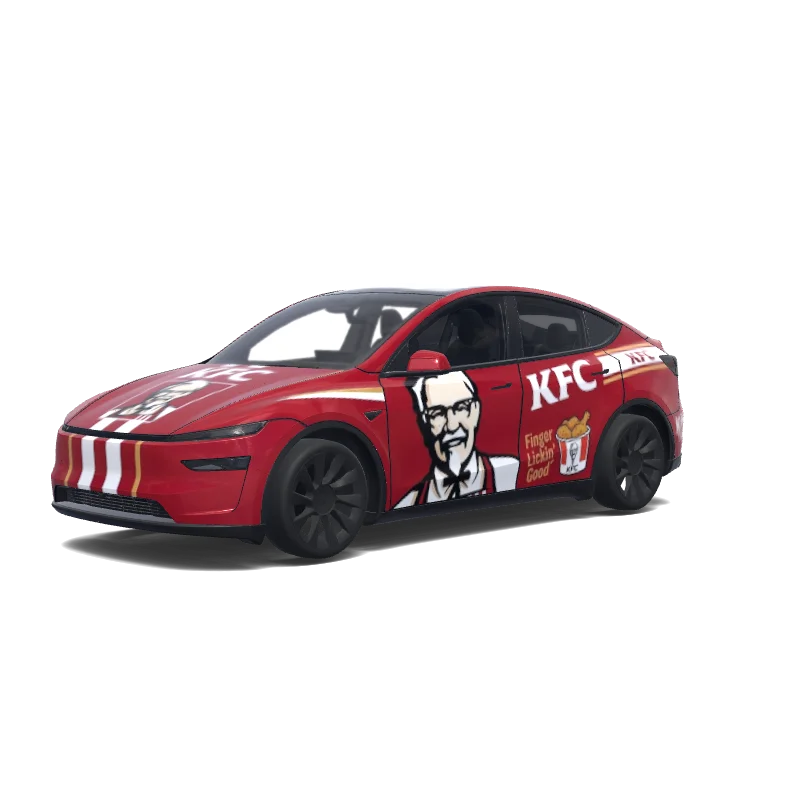 Tesla Model Y (2025+) Premium — Wrap-Vorschau: in KFC style with Sanders on doors. Colors: red.