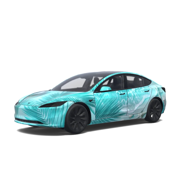 Tesla Model 3 (2024+) Standard & Premium — Teal pearlescent summer, beachy and coconuts. Beach car. wrap preview