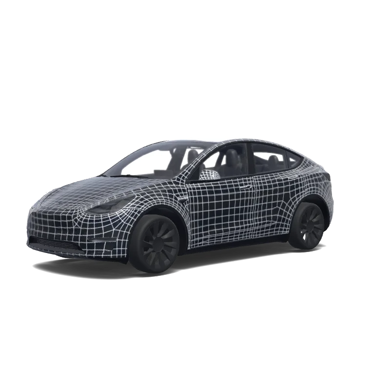 Tesla Model Y 2020-2024 — aperçu du wrap white wireframe that follows the curves and panels of the car.