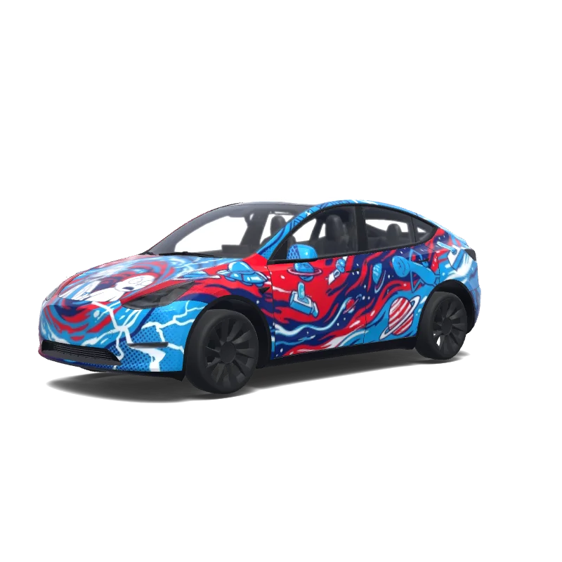 Tesla Model Y 2020-2024 — Wrap-Vorschau: Rick and Morty. Colors: red, blue, white.