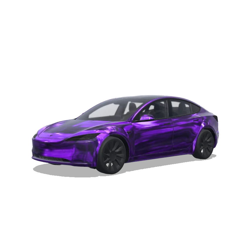 Tesla Model 3 (2024+) Standard & Premium — vista previa del diseño chrome looking wrap. Colors: purple.