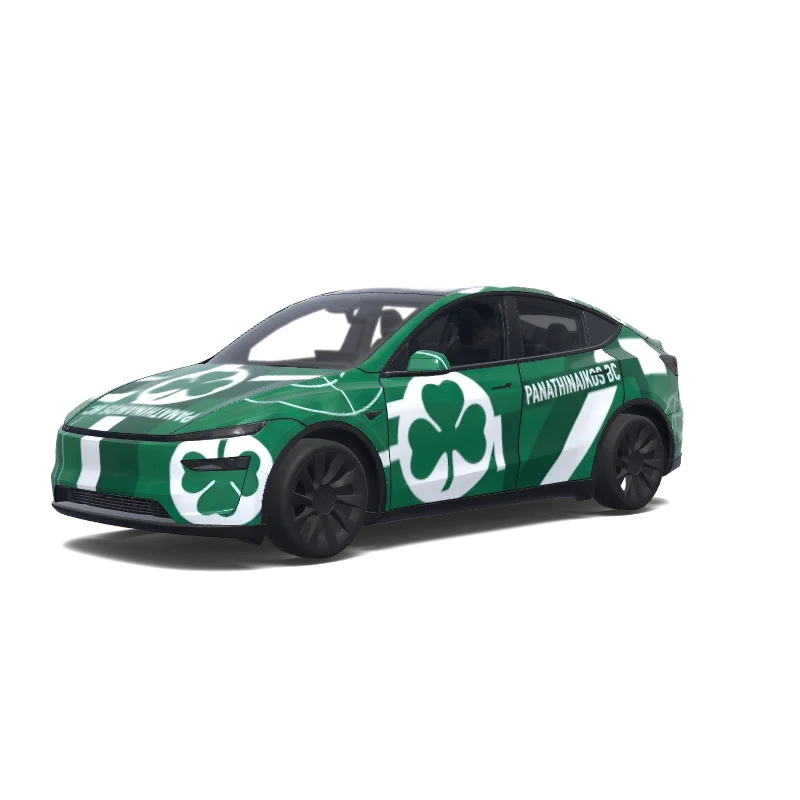 Tesla Model Y (2025+) Premium — Wrap-Vorschau: Panathinaikos basket white car with the green. Colors: green, white.