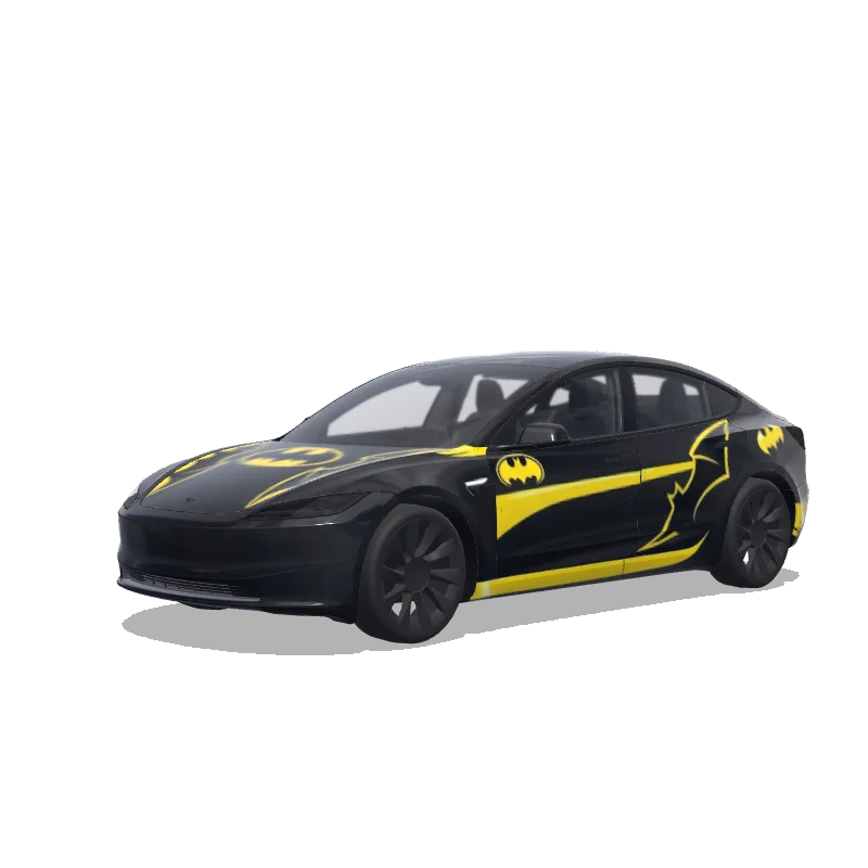 Tesla Model 3 (2024+) Standard & Premium — Wrap-Vorschau: Batmobile with Batman logo Yellow and black