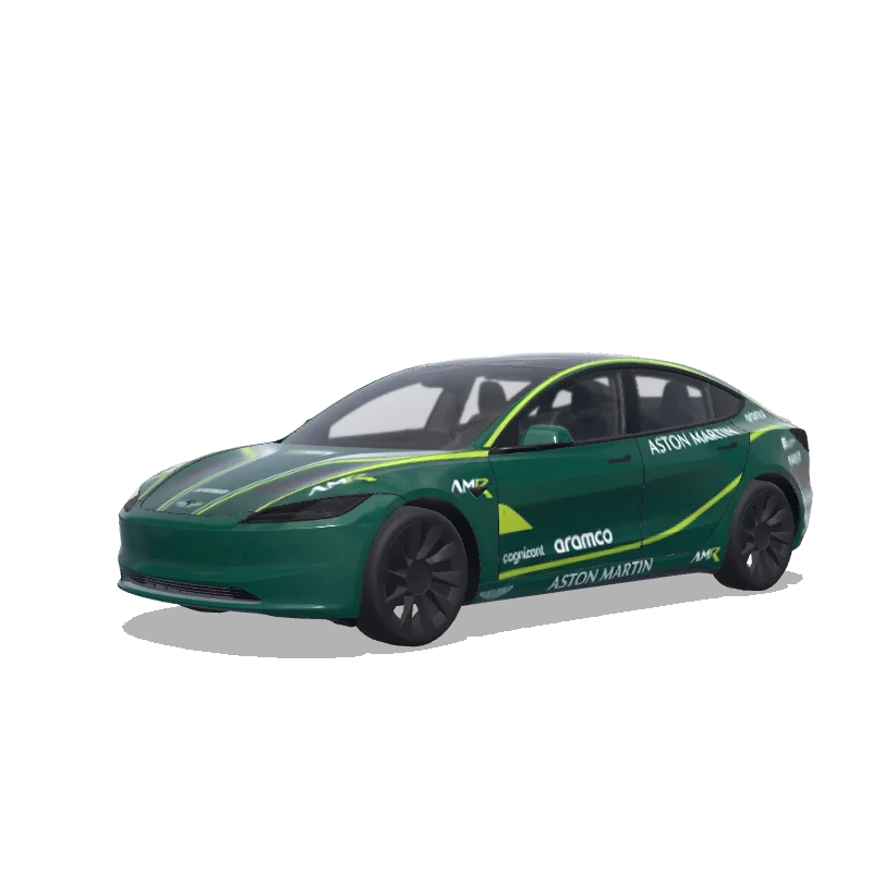 Tesla Model 3 (2024+) Standard & Premium — Wrap-Vorschau: Aston Martin AMR26. The primary color is 'Aston Martin Racing Green'