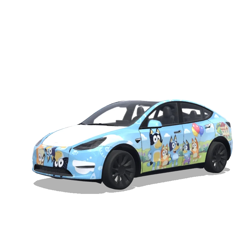 Tesla Model Y 2020-2024 — Wrap-Vorschau: 动画片布鲁伊主题,在车门,前机盖上覆盖动画片的主要人物