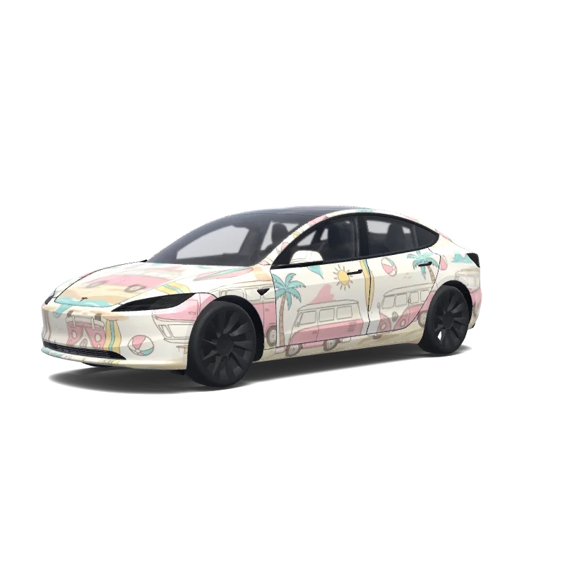 Tesla Model 3 (2024+) Standard & Premium — aperçu du wrap volkswagen mini bus beach car, light pink.