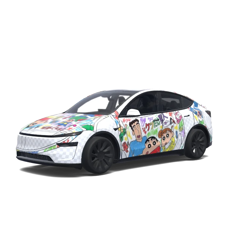 Tesla Model Y (2025+) Premium — Wrap-Vorschau: 蜡笔小新. Colors: white, blue, green, red, purple, yellow.