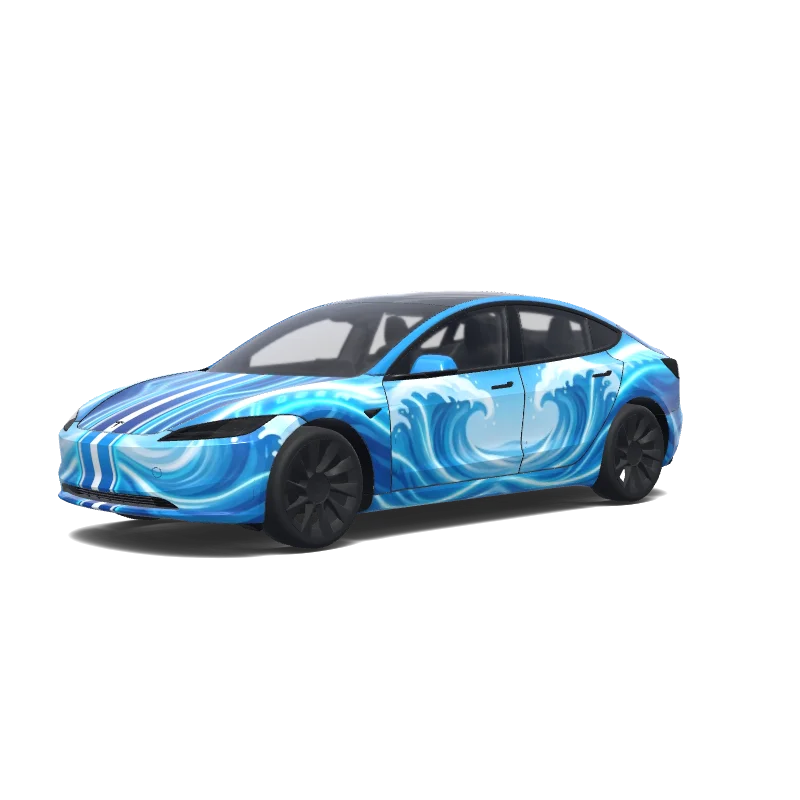 Tesla Model 3 (2024+) Standard & Premium — ocean waves, racing stripe, neon sequences. Colors: blue, white. wrap preview