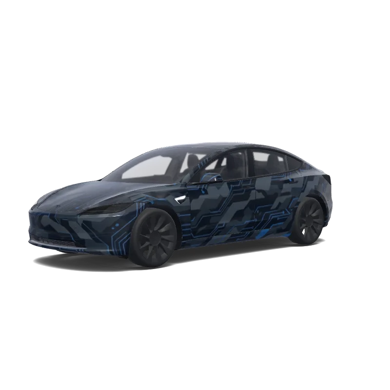 Tesla Model 3 (2024+) Standard & Premium — Reprends le wrap précédent mais enlève les écritures sur le capot. wrap preview