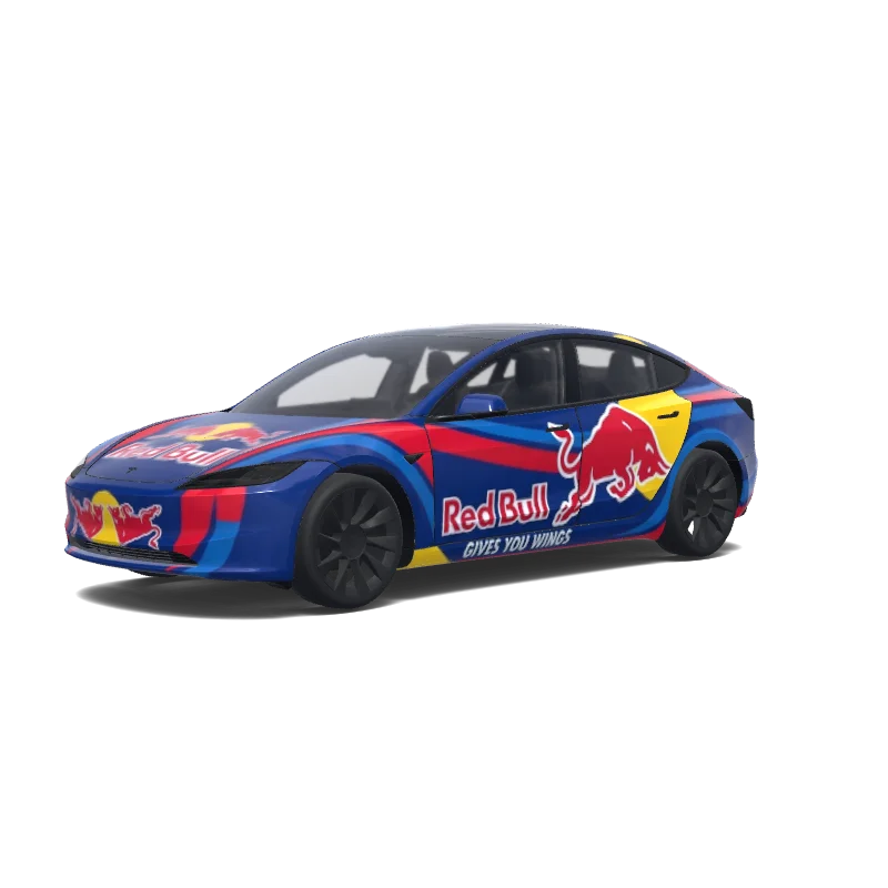 Tesla Model 3 (2024+) Standard & Premium — Redbull design. Colors: red, blue, yellow. wrap preview