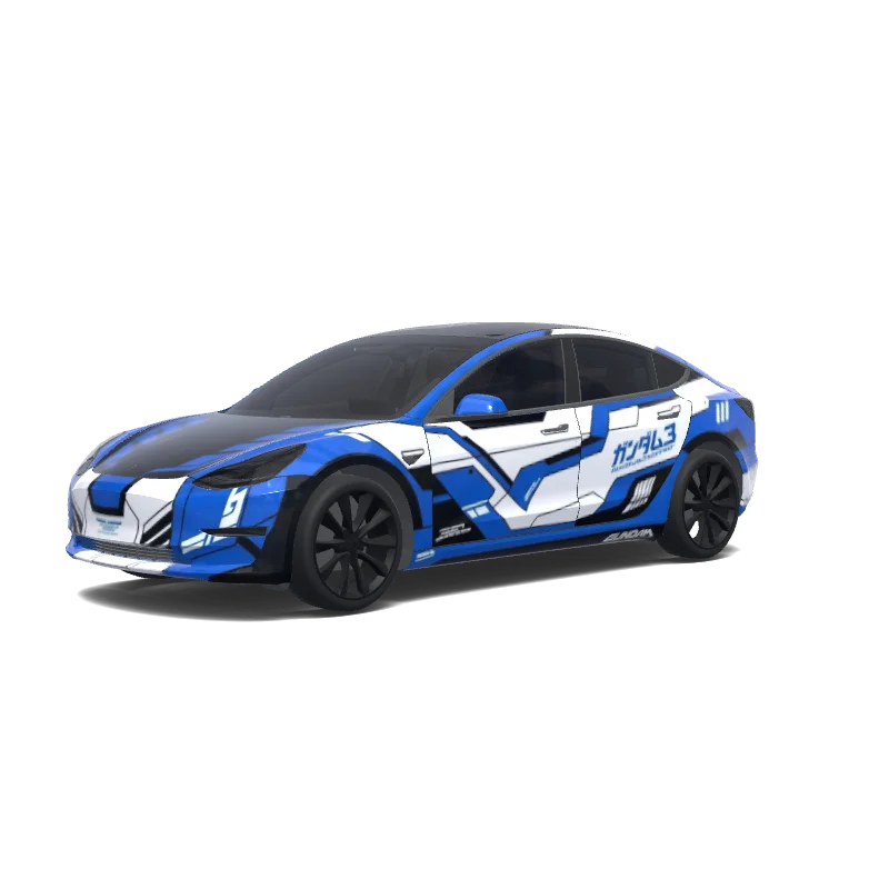 Tesla Model 3 2017-2023 — vista previa del diseño Put gundam theme. Colors: white, blue, black.