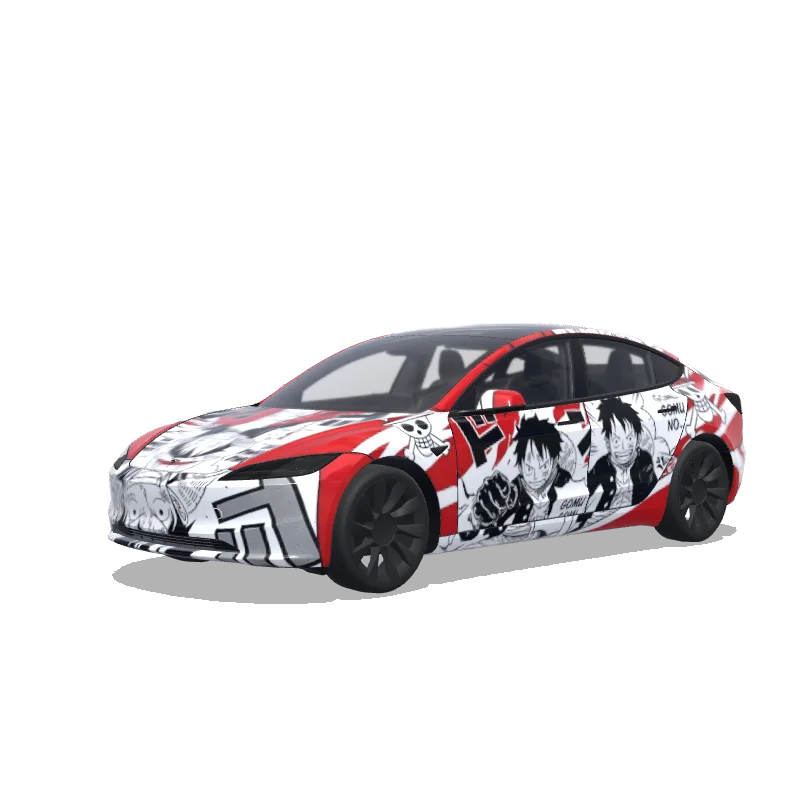 Tesla Model 3 (2024+) Standard & Premium — vista previa del diseño manga one piece luffy. Colors: red, white.