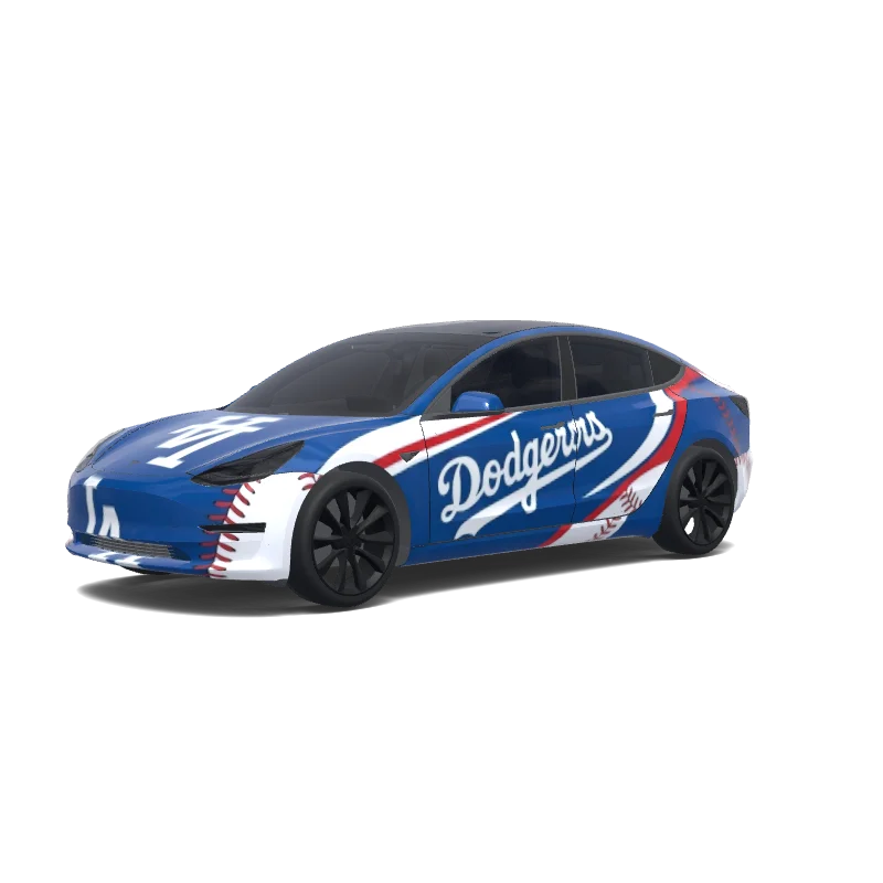 Tesla Model 3 2017-2023 — vista previa del diseño LA Dodgers. Colors: blue, white.