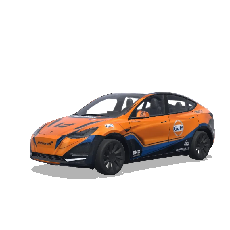 Tesla Model Y 2020-2024 — vista previa del diseño Mclaren F1 with realistic design. Sponsor logos around the car..