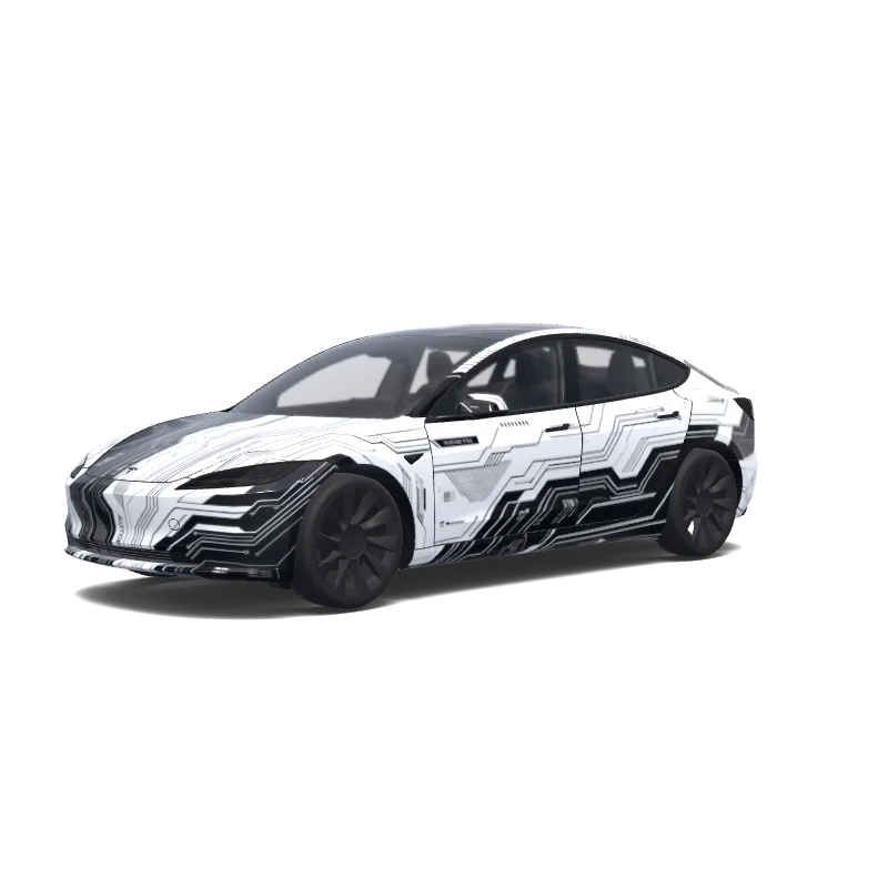 Tesla Model 3 (2024+) Standard & Premium — Wrap-Vorschau: Self Driving Tesla. Colors: white, black.