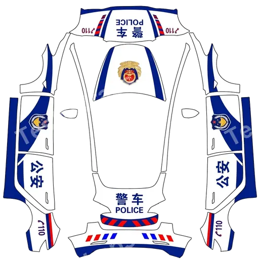Tesla Model 3 2017-2023 — texture PNG du wrap 警车涂装,蓝白条纹,官方徽章和紧急车辆标记