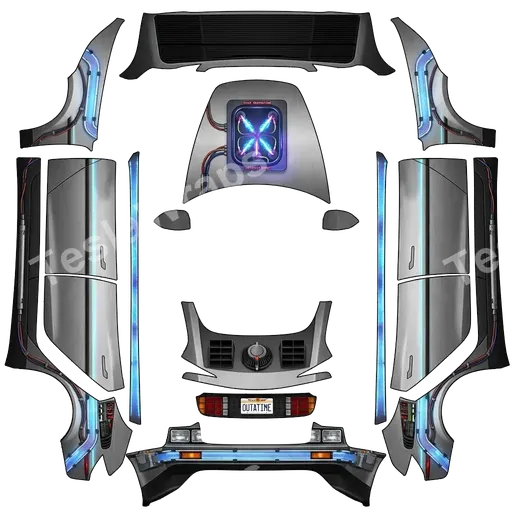 Tesla Model 3 (2024+) Standard & Premium — PNG-Wrap-Textur: Time machine Delorean from movie Back to the Future.