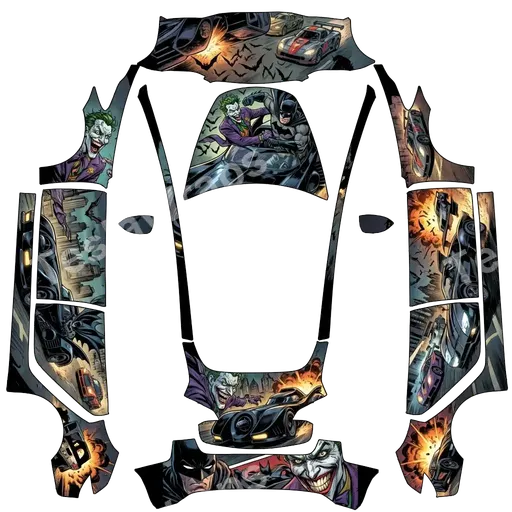 Tesla Model 3 2017-2023 — PNG-Wrap-Textur: Batman y joker en el batmóvil , con murciélagos y coche de carreras.