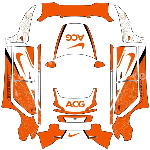 Tesla Model 3 (2024+) Performance — All Conditions Gear white & orange swoosh logo & acg logo on the front PNG 랩 텍스처