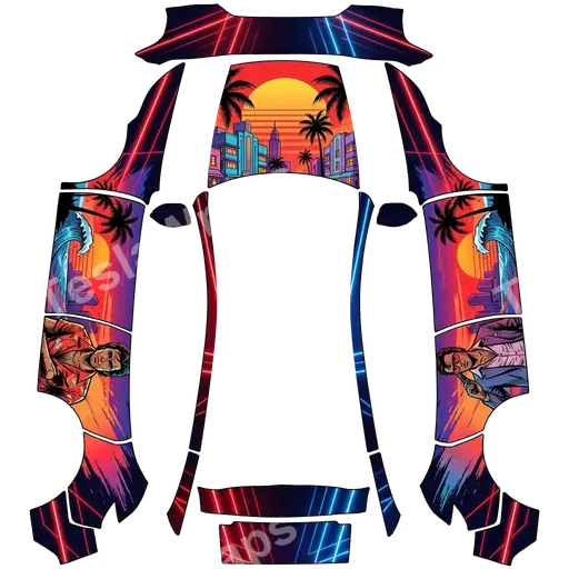 Tesla Model Y (2025+) Premium — PNG-Wrap-Textur: miami vice with a GTA style hood design. Colors: red, blue.