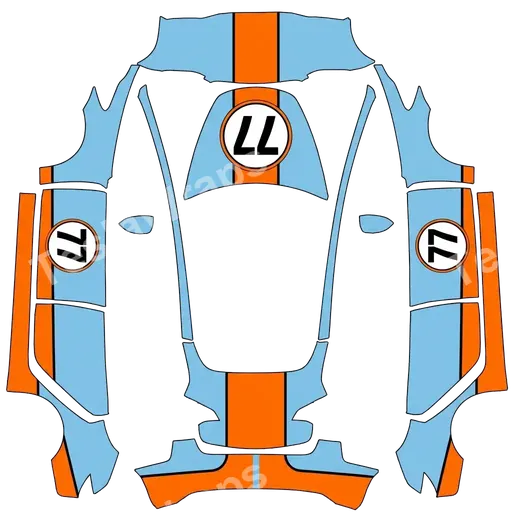 Tesla Model 3 2017-2023 — PNG-Wrap-Textur: Gulf racing with number 77 decal on doors and hood