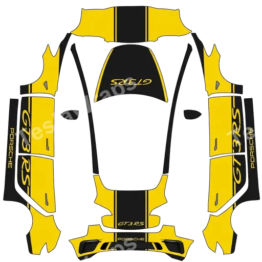 Tesla Model 3 2017-2023 — porsche 911 gt3 rs wrap. Colors: black, yellow. PNG wrap texture