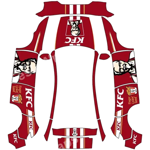 Tesla Model Y (2025+) Premium — PNG-Wrap-Textur: in KFC style with Sanders on doors. Colors: red.