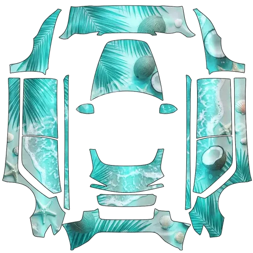 Tesla Model 3 (2024+) Standard & Premium — Teal pearlescent summer, beachy and coconuts. Beach car. PNG wrap texture