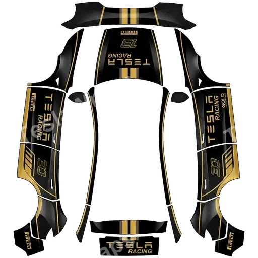 Tesla Model Y (2025+) Premium — Racing f1 black and gold. PNG wrap texture