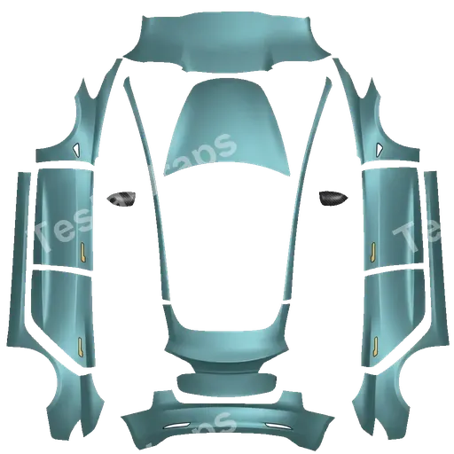 Tesla Model 3 2017-2023 — Satin frozen ocean, carbon fibre side mirrors, satin gold handles PNG wrap texture
