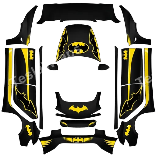 Tesla Model 3 (2024+) Standard & Premium — PNG-Wrap-Textur: Batmobile with Batman logo Yellow and black