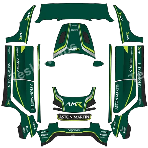 Tesla Model 3 (2024+) Standard & Premium — PNG-Wrap-Textur: Aston Martin AMR26. The primary color is 'Aston Martin Racing Green'