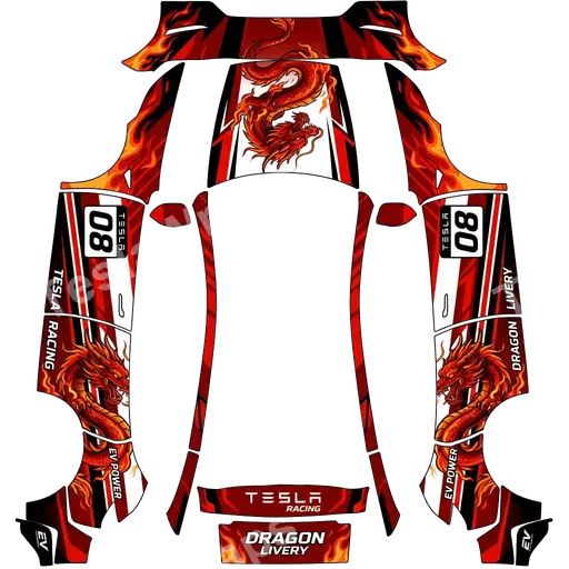Tesla Model Y (2025+) Performance — Red dragon race cool PNG wrap texture