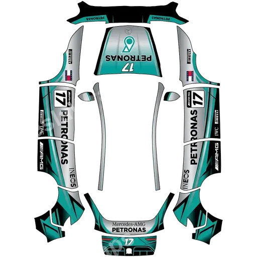 Tesla Model Y (2025+) Standard — 2026 F1 style Mercedes Petronas. Number 17. PNG wrap texture