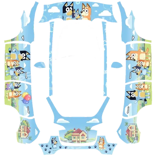Tesla Model Y 2020-2024 — PNG-Wrap-Textur: 动画片布鲁伊主题,在车门,前机盖上覆盖动画片的主要人物