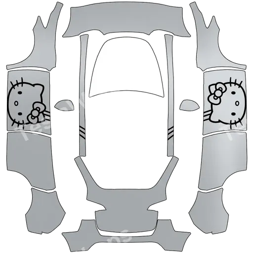 Tesla Model Y 2020-2024 — textura PNG del diseño 整体颜色为银色,色号差不多是#BFC2C4,后门有个黑色线条 hellokitty,三条胡子有点接触到前门,耳朵前高右低