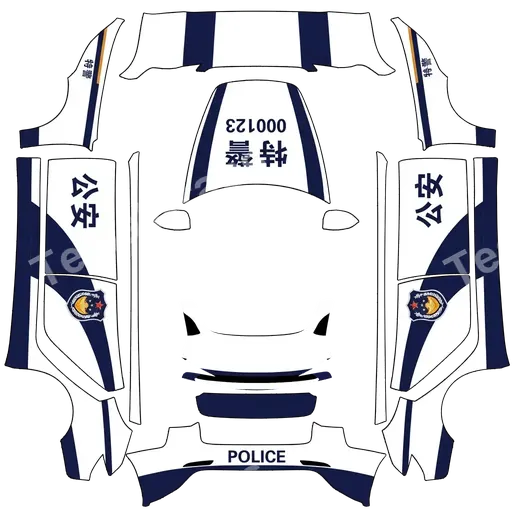 Tesla Model 3 (2024+) Standard & Premium — textura PNG del diseño 警车涂装,蓝白条纹,官方徽章和紧急车辆标记